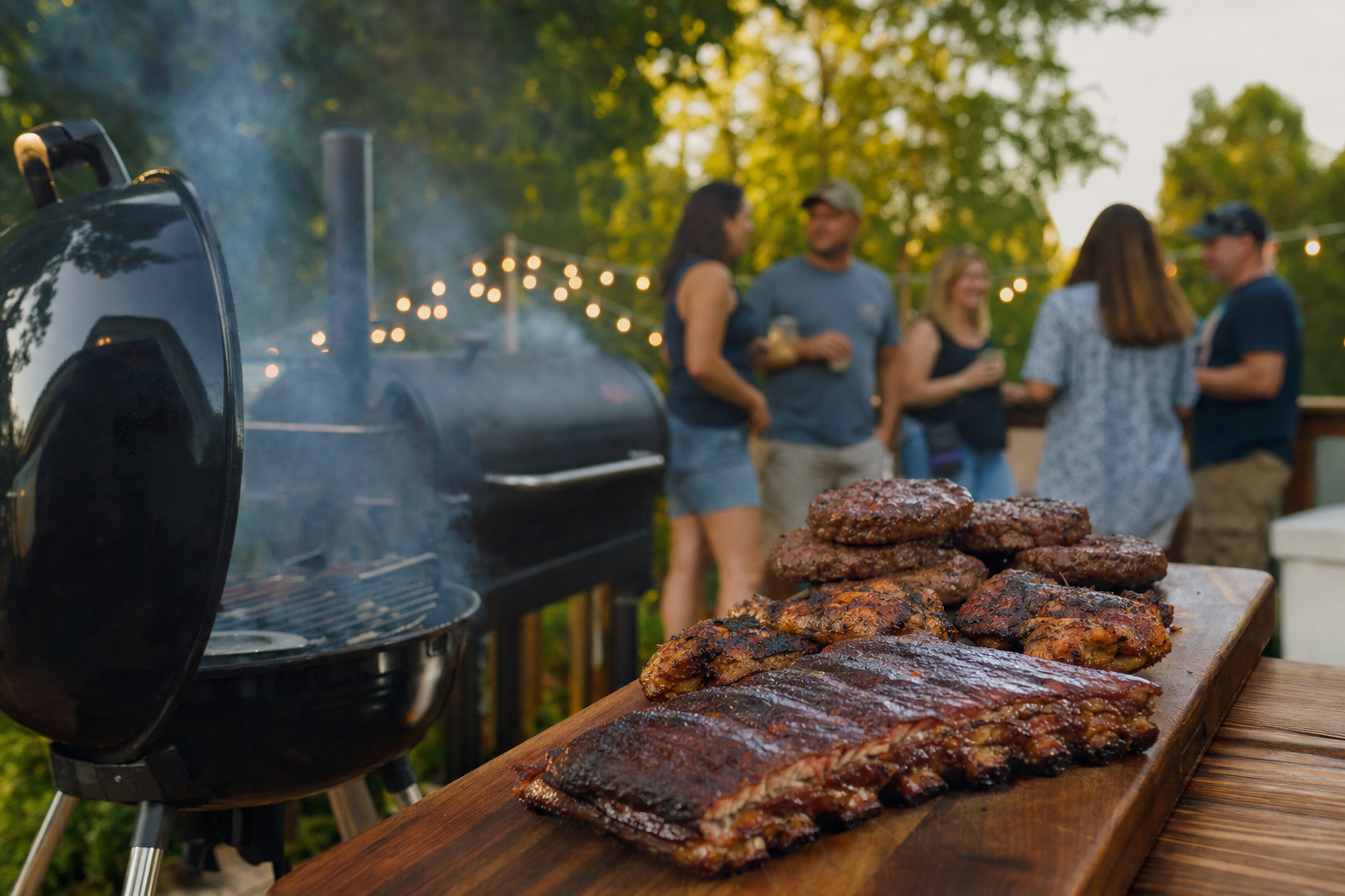 Labor Day Cookout Backyard Labor Day cookout at golden hour with smoked ribs, burgers, and grilled chicken resting on a wood board beside a charcoal kettle grill and offset smoker.