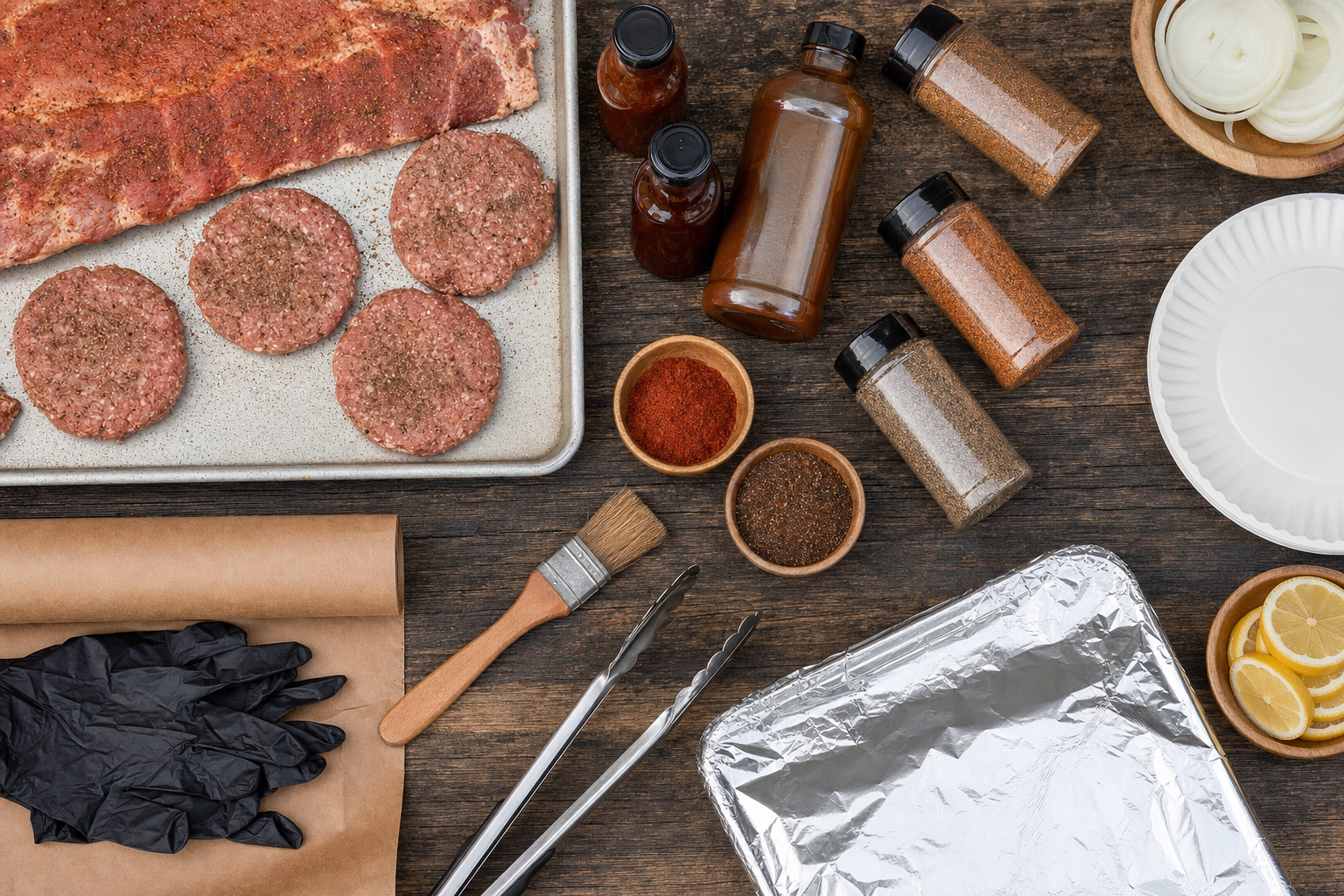 Prep Station Overhead flat-lay barbecue prep station with rubs, sauces, basting brush, tongs, nitrile gloves, foil pan, butcher paper, seasoned ribs, and burger patties.