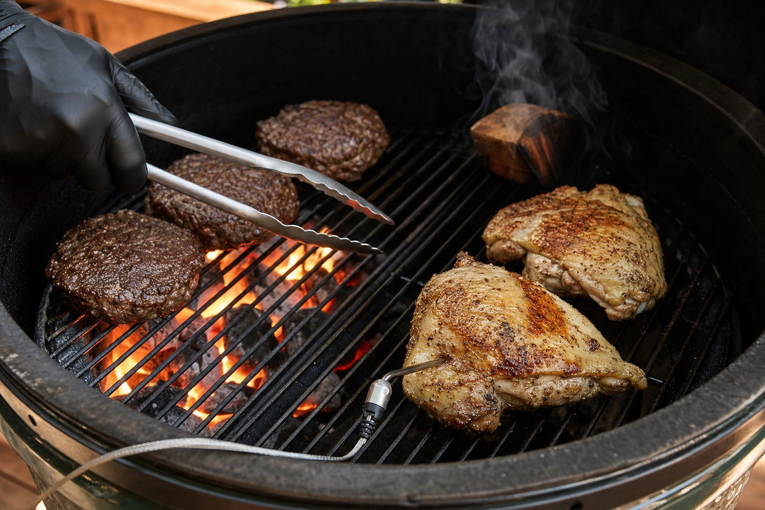 Two Zone Fire Two-zone charcoal fire in an open kettle grill with burgers searing over hot coals, chicken thighs cooking over indirect heat with a probe thermometer, and a smoking wood chunk.