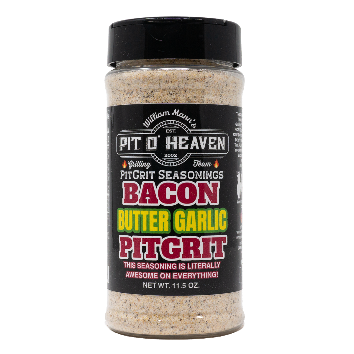 Bottle of Bacon Butter Garlic PitGrit rub from Pit O' Heaven