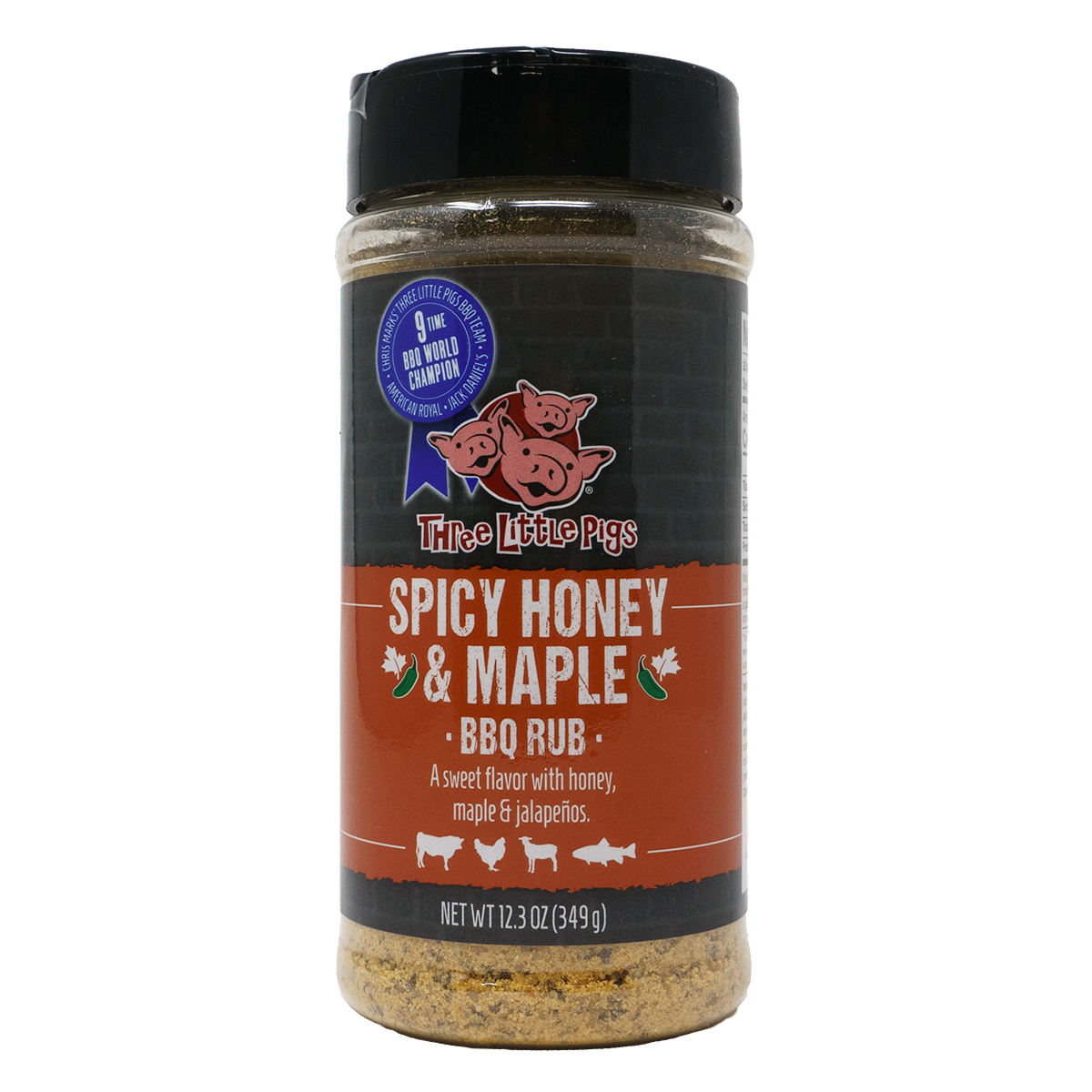 Bottle of Spicy Honey & Maple rub from Three Little Pigs